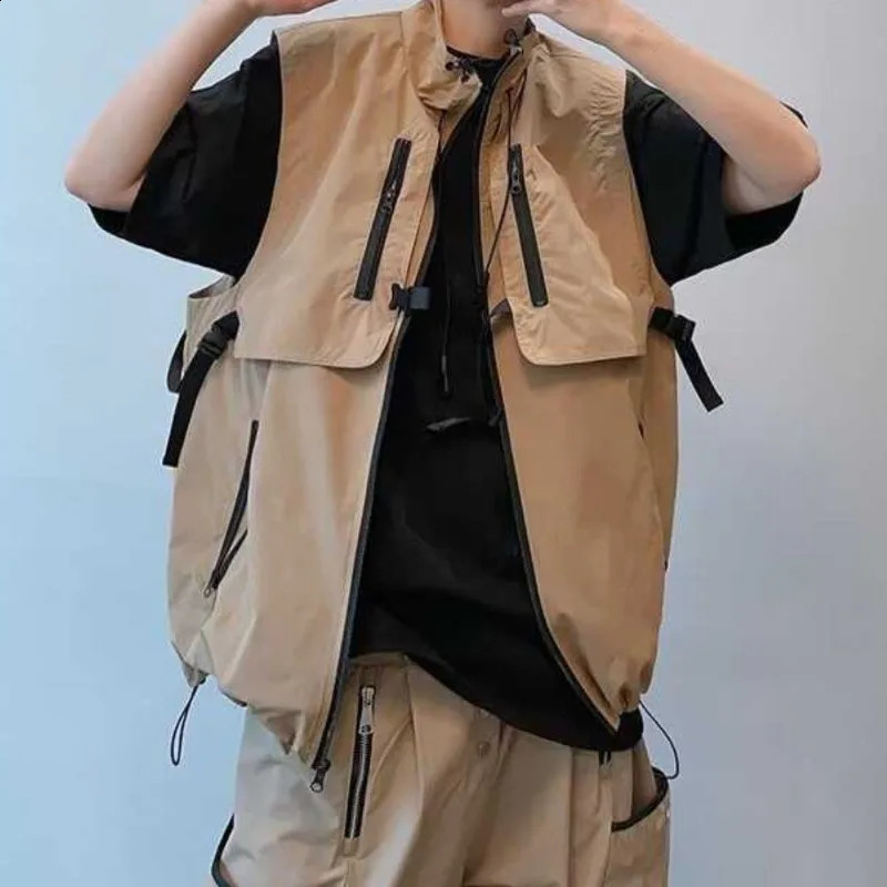 Spring and Autumn 2024 Mens Patchwork Stand Collar Zipper Pocket Drawstring Fashion Solid Color Loose Sleeveless Vest Coats 240822