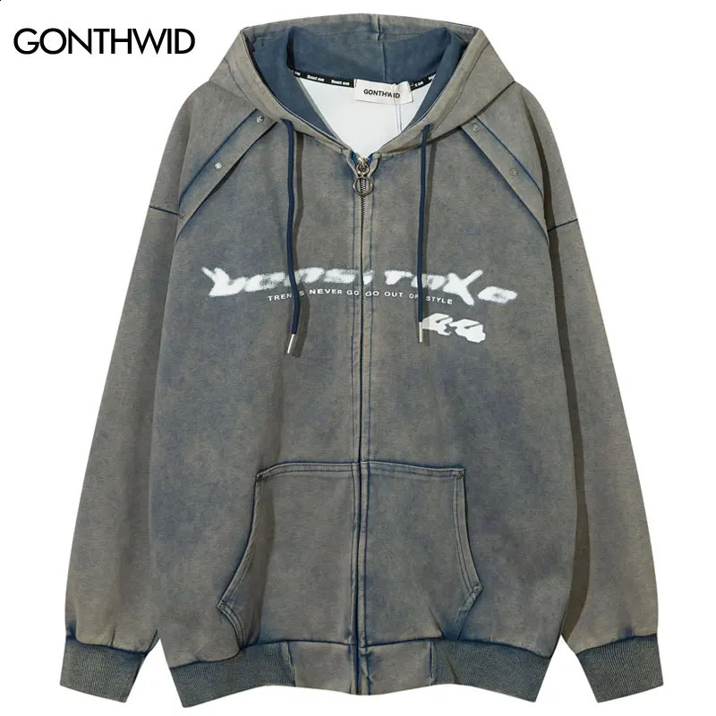 Vintage Oversized Hoodie Coat Streetwear Hip Hop Full Zip Up Washed Hooded Sweatshirt Y2K Men Harajuku Punk Gothic Loose Jackets 240822
