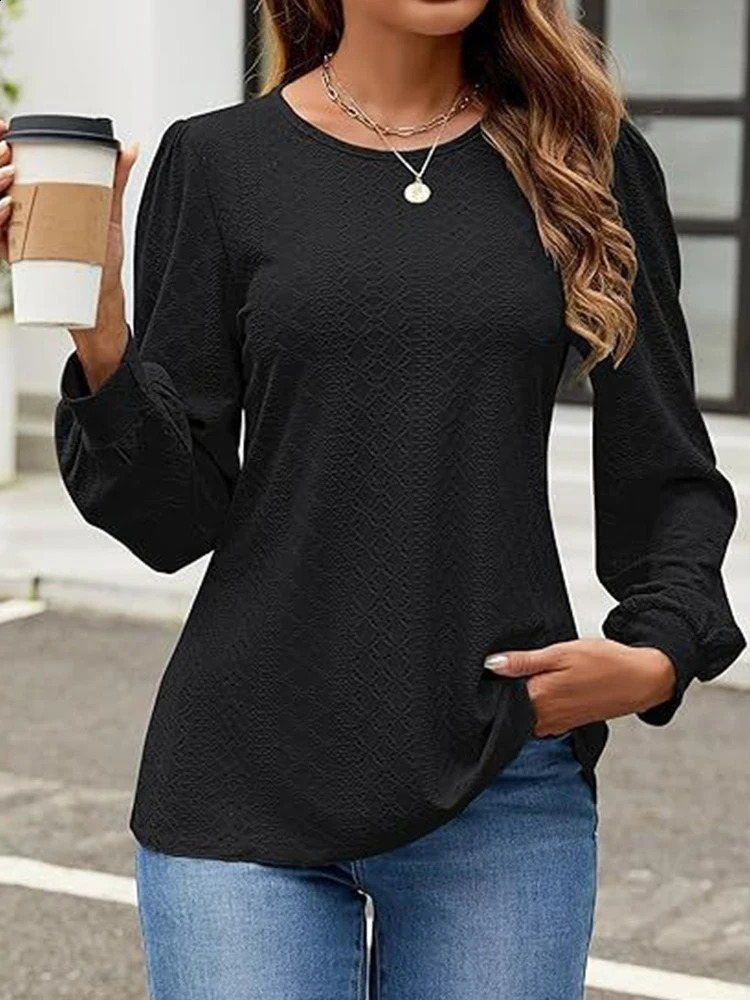 Solid color lantern sleeve womens O-neck long sleeved hollow loose womens top autumn casual womens T-shirt 240822