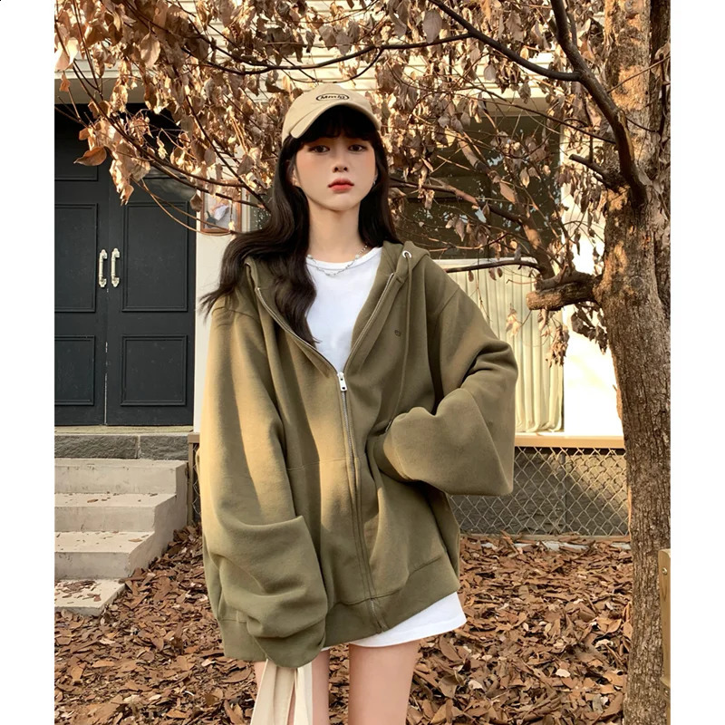 Vêtements pour femmes ArmyGreen Cagouinage d'extérieur coréen Hip Hop Vintage épaississant le vent paresseux Hiver Cardigan Zipper Coat Tops 2408