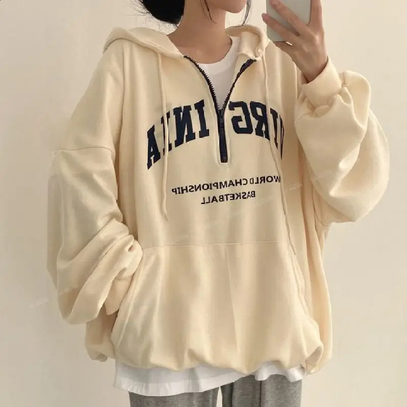 Zipper Hoodie Women Loose Top Autumn Winter Coat French Fashion Letter Print Pullovers Harajuku Y2K Sweatshirt 240822