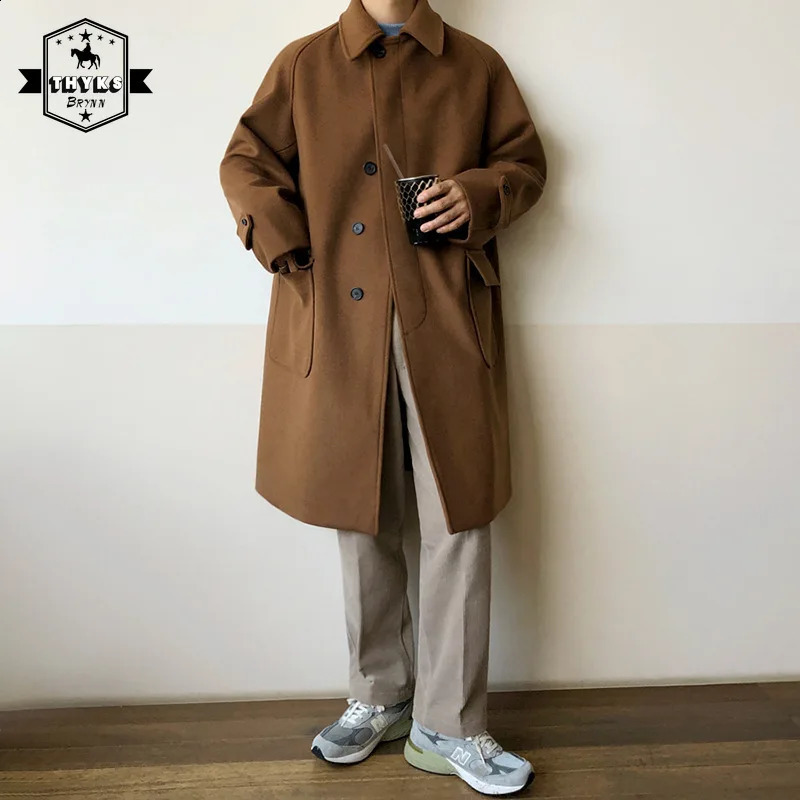 Autumn Double-sided Woolen Coat Mens High Quality Mid Length Version Korean Overcoat Male Loose Classic Solid Woolen Trench Male 240822