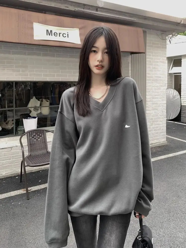 HOUZHOU Korean Hippie Chic Gray Sweatshirts Women Y2K Japanese Style Oversize Beige Hoodies Female Kpop Loose Long Sleeve Tops 240822