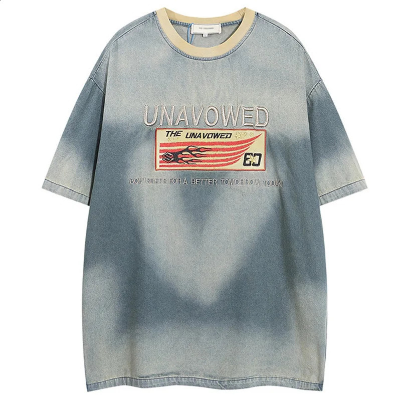 Hip Hop Oversize Denim T-Shirt Streetwear Harajuku Oversize Letter Embroiderey T Shirt Men Spring Summer Short Sleeve Tees 240823
