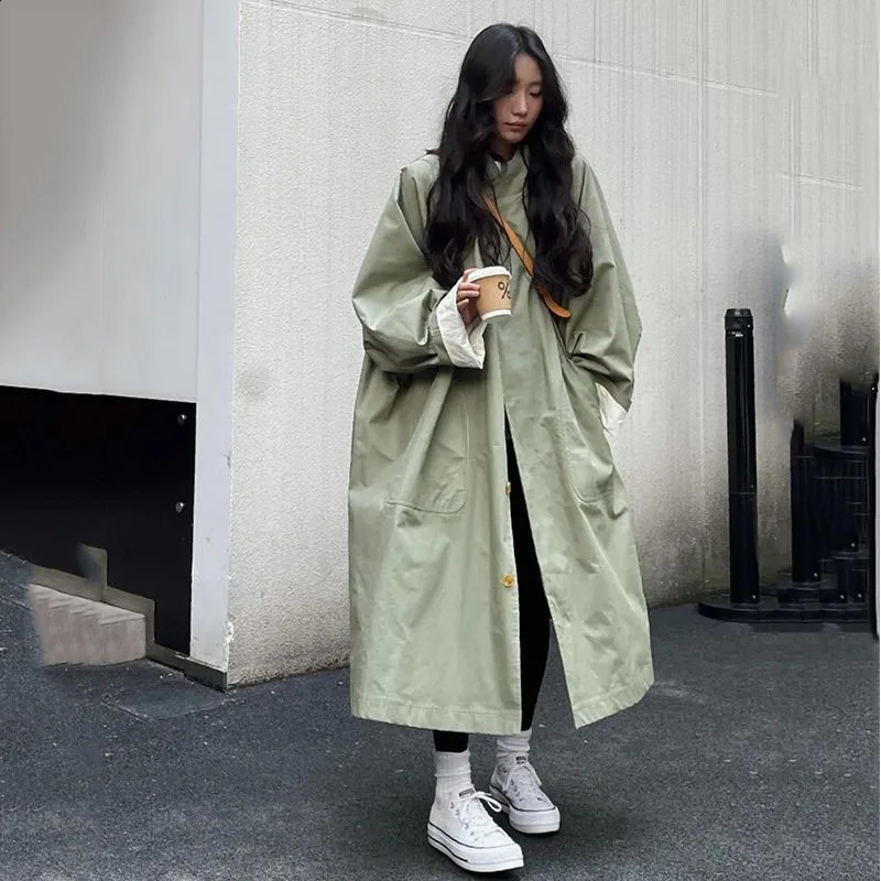 Autumn And Winter Green Trench Coat Womens Fashion Tren Solid Color Loose Mid-Length Button Coat Simple Commute 240822