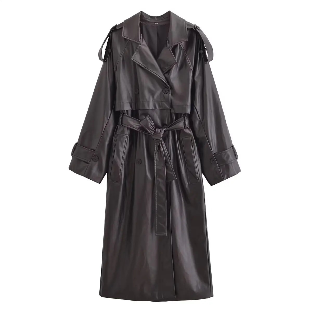 Y2K TRAF PU Leather Women Long Trench Coat Winter Chic Double-breasted with Belts Loose Windbreaker Outerwear Lady Trench 240822