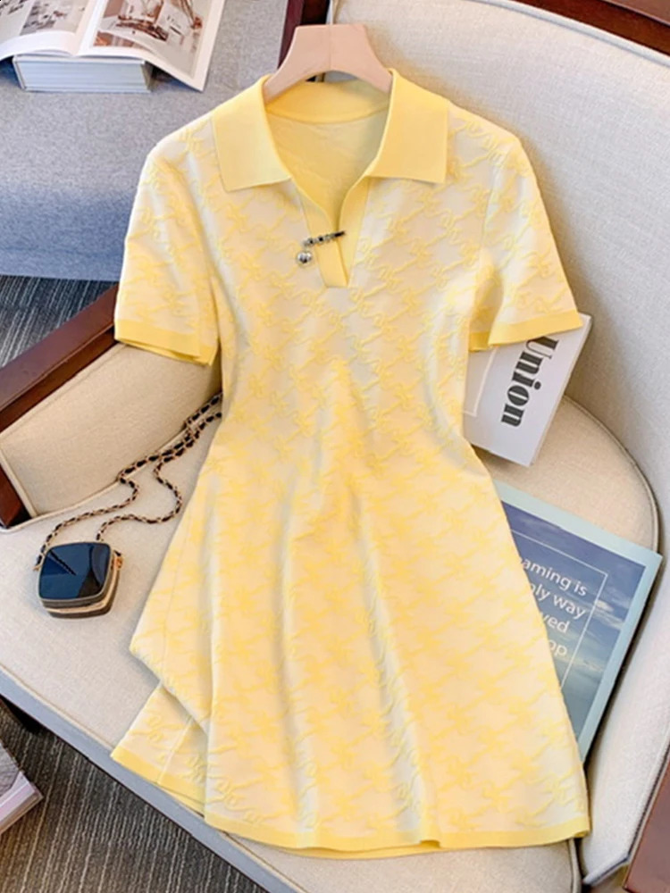 Korean Fashion Preppy Style Yellow Basic A-line All-match Casual Dresses Spring Womens Elegant Midi Dress Lady Clothes 240822