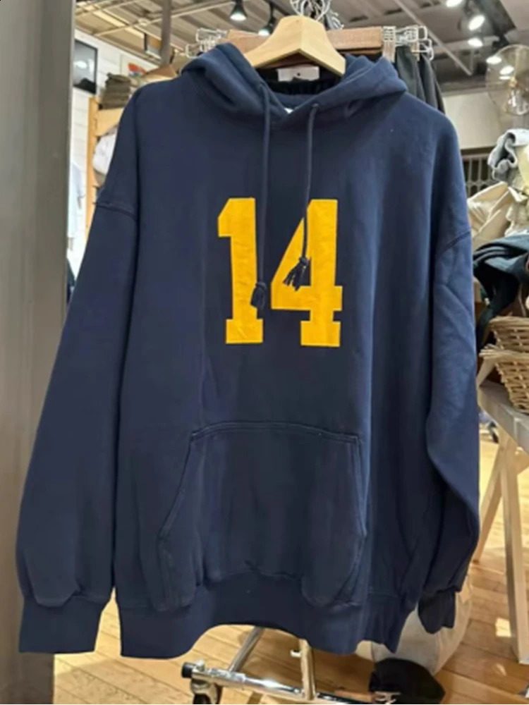 Casual Women Navy Cotton Number14 Printed Sweatshirts Fall Vintage Hooded Long Sleeves Sweatshirts Female Loose Pullovers 240822