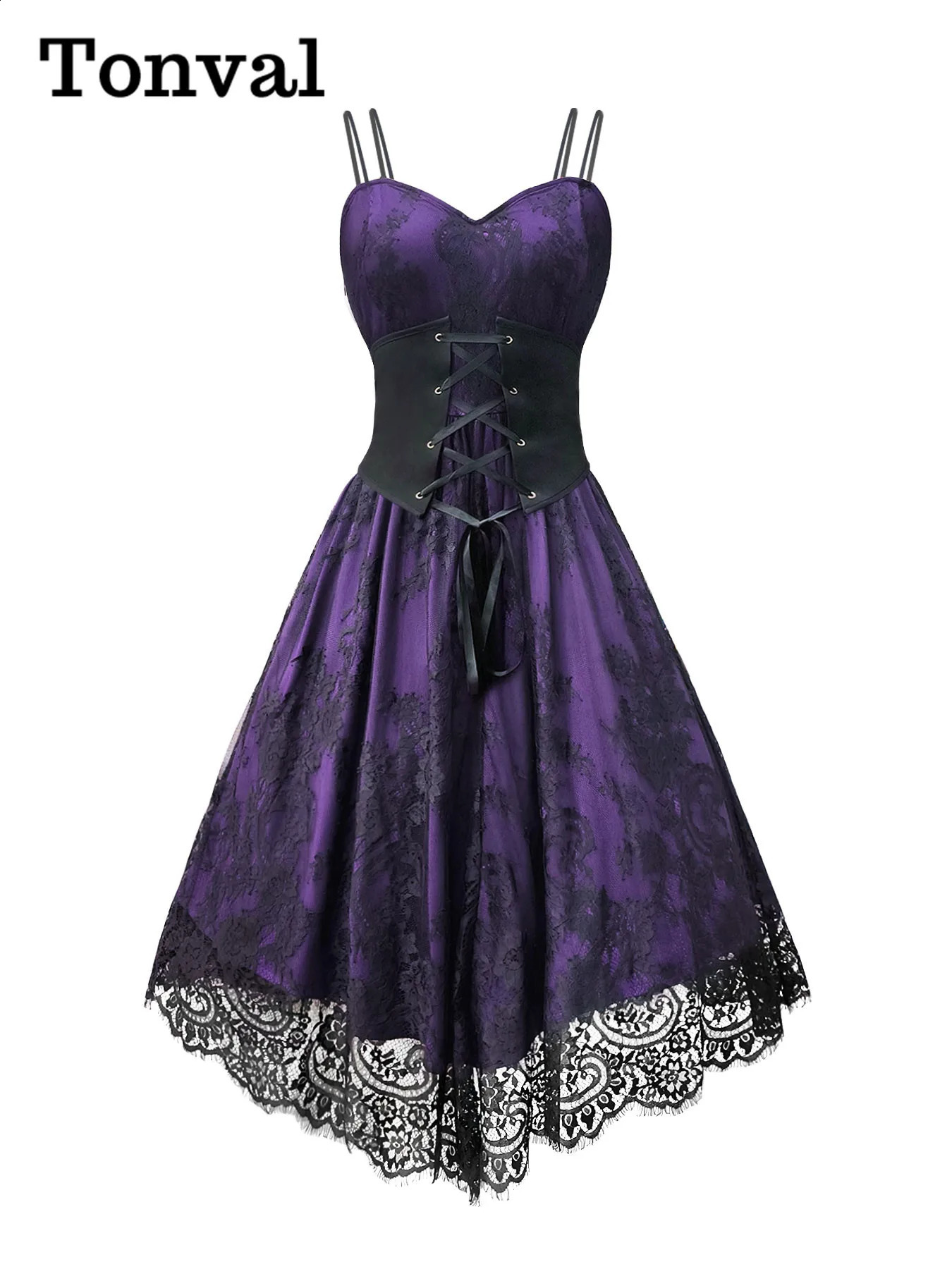 Tonval purple elegant spaghetti strap high waist tight corset dress Gothic womens role-playing party retro clothing lace long skirt 240823