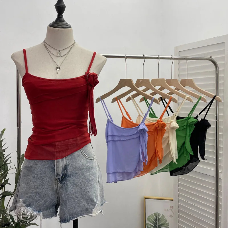 Womens Sexy Irregular Double Layer Mesh Camisole Flower Girl Sleeveless Cropped Top Summer Camis Retro See Through Tees y2k 240822