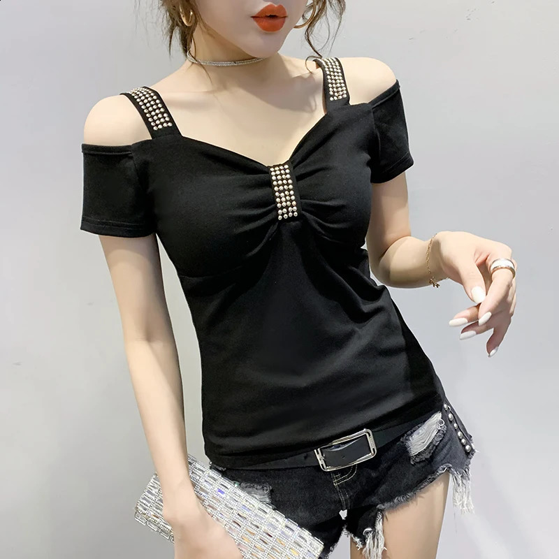 # 5217 Stretch Cotton Short Off épaule T-shirt pour femmes V cou rivet t-shirts serrés féminins à manches minces sexy tops été 240823