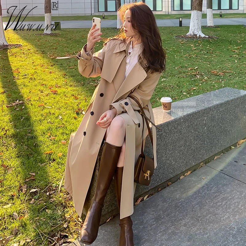 British Style Long Trench Coats Women Spring Fall Lapel Belt Classic Windbreaker OL Korean Fashion Khaki Black Outwear 240822