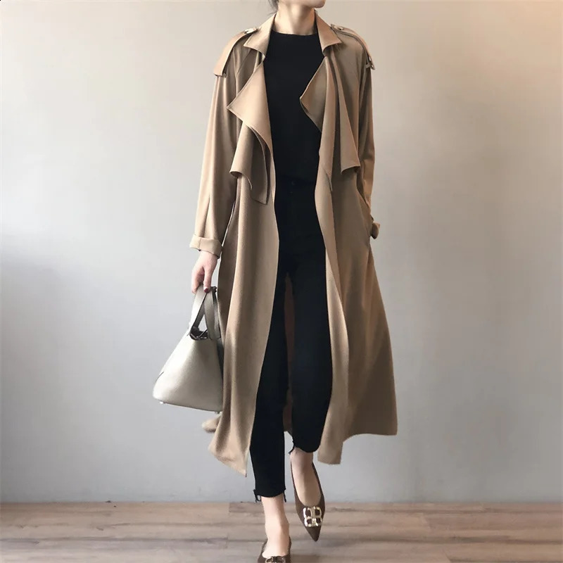 Spring Autumn Trench Coat Loose Single Breasted Woman Korean Version Fashion Long Lace Up Commuting Retro British Style Solid 240822