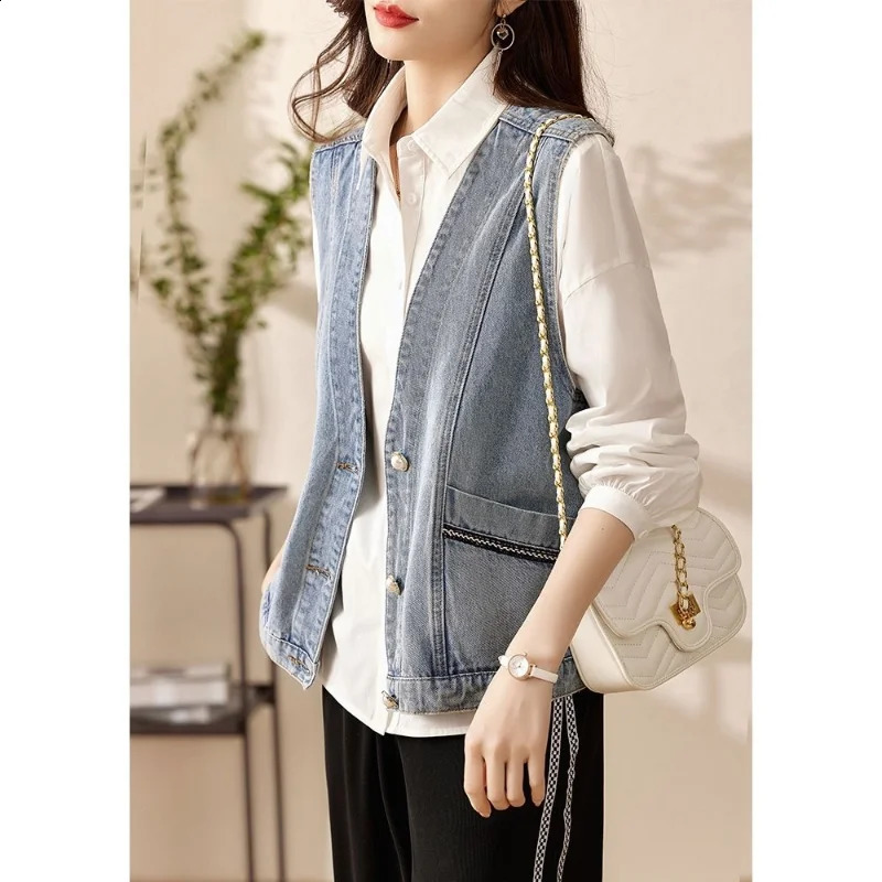 Korean Summer Womens V-Neck Button Spliced Sleeveless Fashion Classic Loose Bright Line Decoration Cowboy Vests Coats 240822