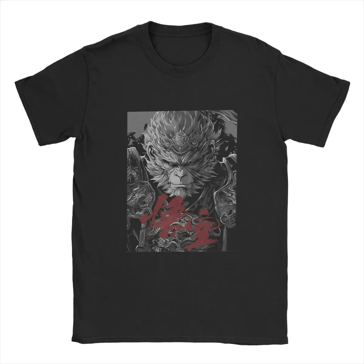 Mens Black Mythical Martial Arts T-shirt Journey to the West Pure Cotton Top Fun Short Sleeve Round Neck T-shirt Unique Shirt 240823