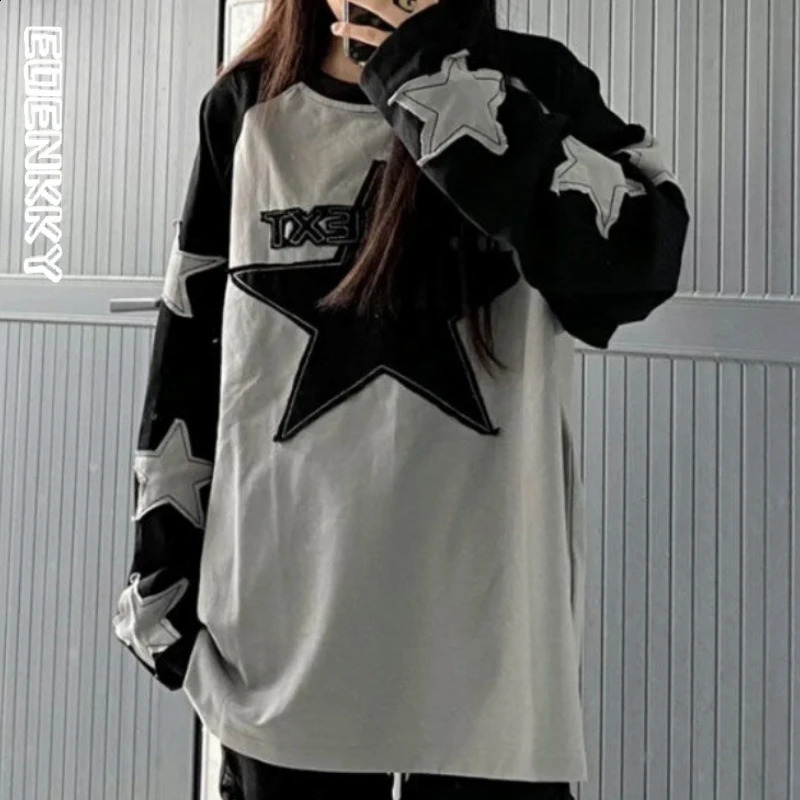 Kpop Harajuku Star Grey Sweatshirt Women Y2K Hippie Grunge Patchwork Letter Hoodie Korean Oversize Long Sleeve T Shirts Autumn 240822