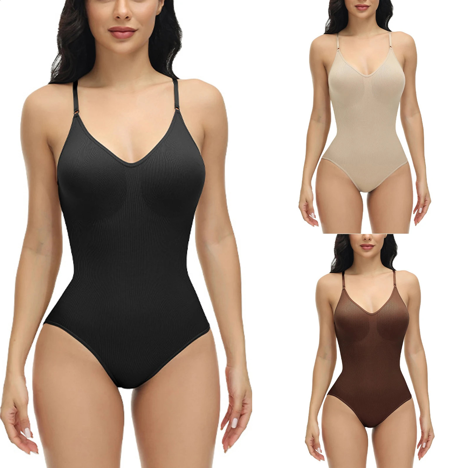 2024 womens sleeveless shapewear solid color V-neck hip lift abdominal control stretching waist trainer 240822