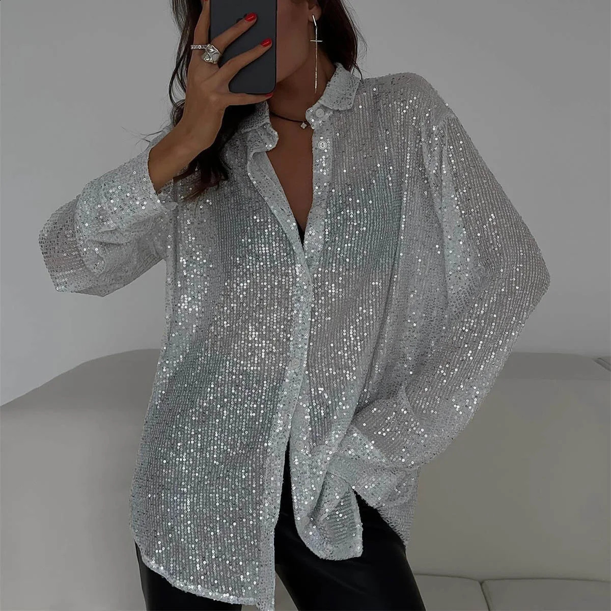 2024 Spring Silver Summer Retro Shirt avec paillettes et un col pour femmes surdimensionnées surdimensionnées surdimensionnées chemises à manches