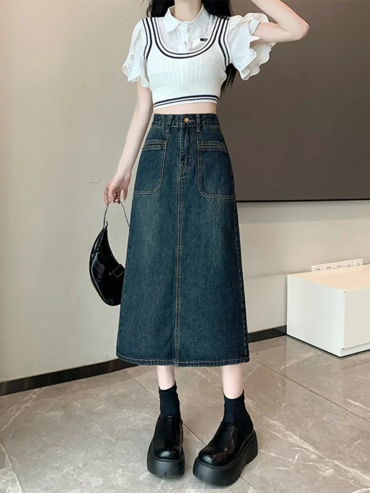 Jupe en jean Jupe en jean jupe longues pour femmes robe gris rétro y2k jupe coréenne de style automne