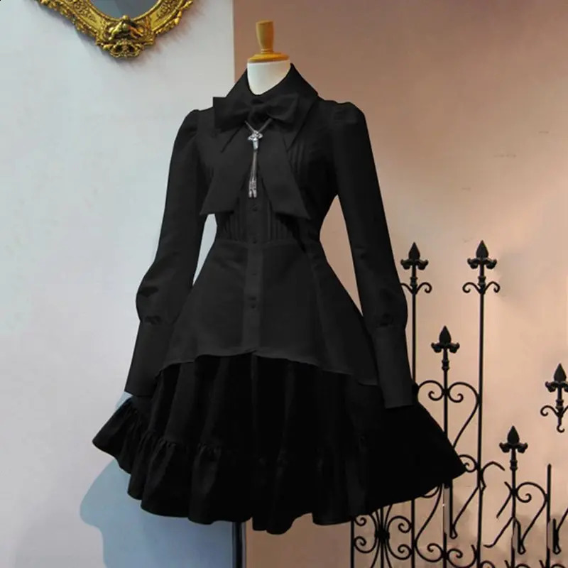 Summer Elegant Party Black Gothic Womens Lolita Dress Large Bow Wrinkled Lace Gothic Retro White Chic Jurken 240823