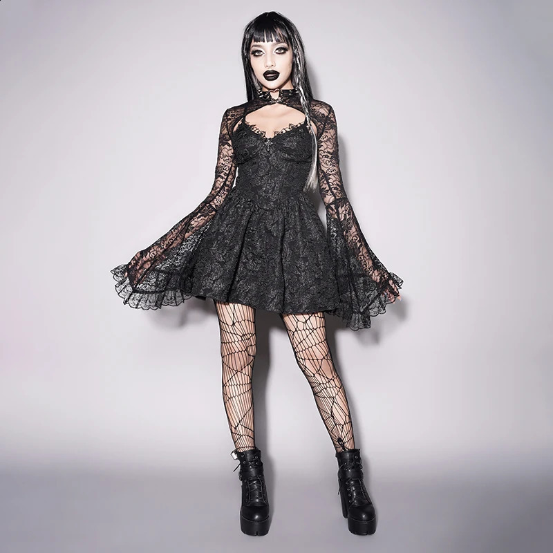 Lace Shopping Center Gothic See Through Shrug Tops Grunge Aesthetic Black Shining Sleeves Crop Top Womens Retro Punk Sexy Clothing JY22211AH 2408