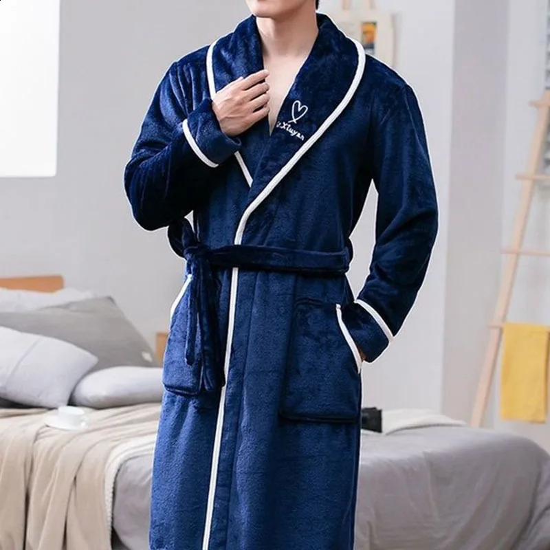 Mens Bathrobe Wool Mens Bathrobe Winter Warm Casual Flannel Pajama Plush Shawl 240822