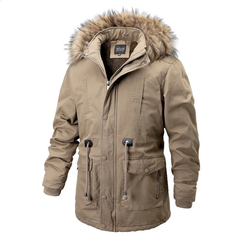 Mens Winter Long Parkas Coat Fleece Thicken Warm Fur Collar Windproof Casual Jacket Men Hooded Outdoor Wool Liner Overcoat 240823