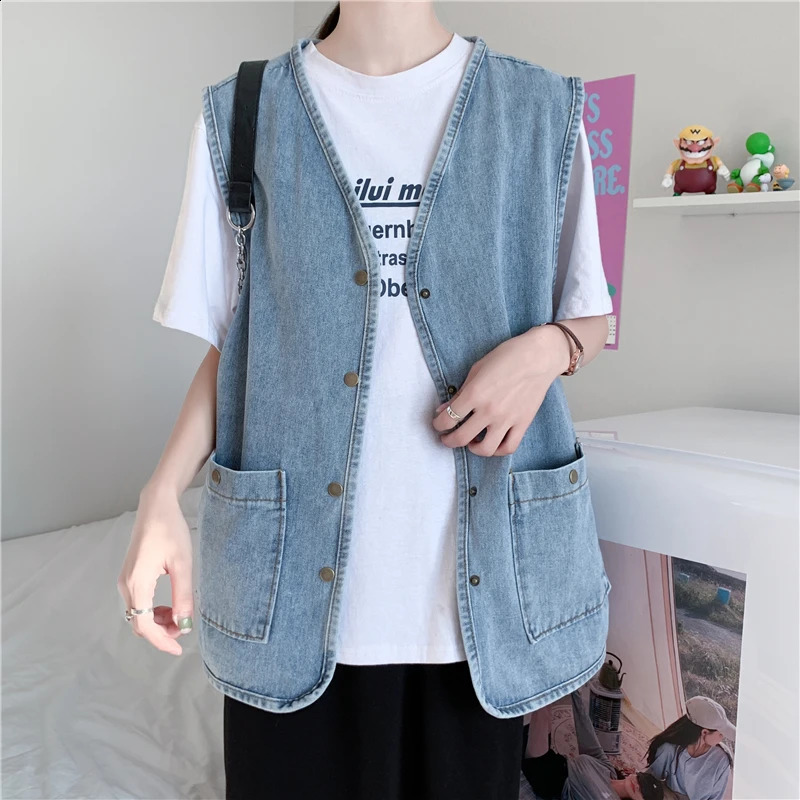 Vintage Spring Autumn Blue Denim Vest Women Leisure Plus Sized V Neck Single Breasted Sleeveless Jackets All-matched Tops S-5xl 240822