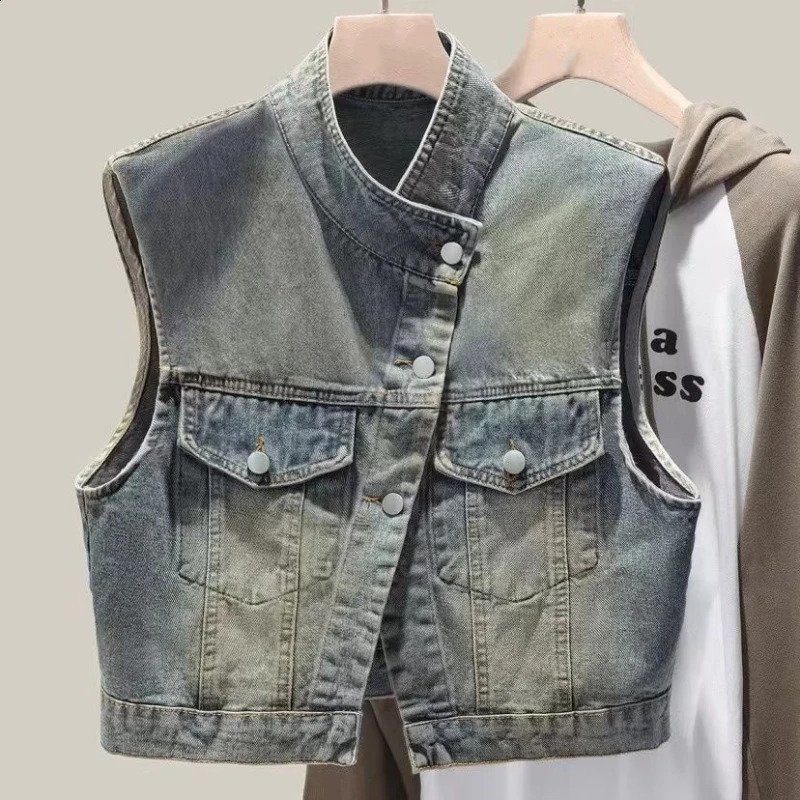 Summer Korean Version Fashionable Casual Versatile Minimalist Sleeveless Stand Collar Pocket Womens Denim Jackets Coats 240822