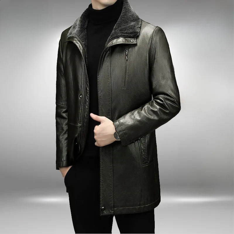 Men Fashion Casual Fur Integrated Leather Coat Winter Men Mid-Length Thickened Wool Liner Warm Sheep Leather Jacket 240822