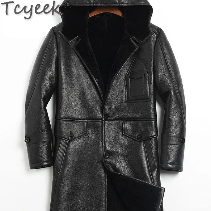 Tcyeek Mid-length Natural Sheepskin Jacket Men Clothing Thickened Slim Mens Lamb Wool Jackets Fashion Black Real Fur Coat Male 240822