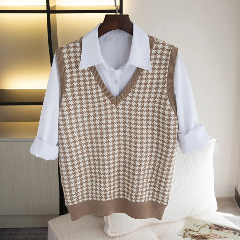 Vest Cashmere Sweater Spring and Autumn Houndstooth V-neck Sleeveless Knitted Vest for Women 240822