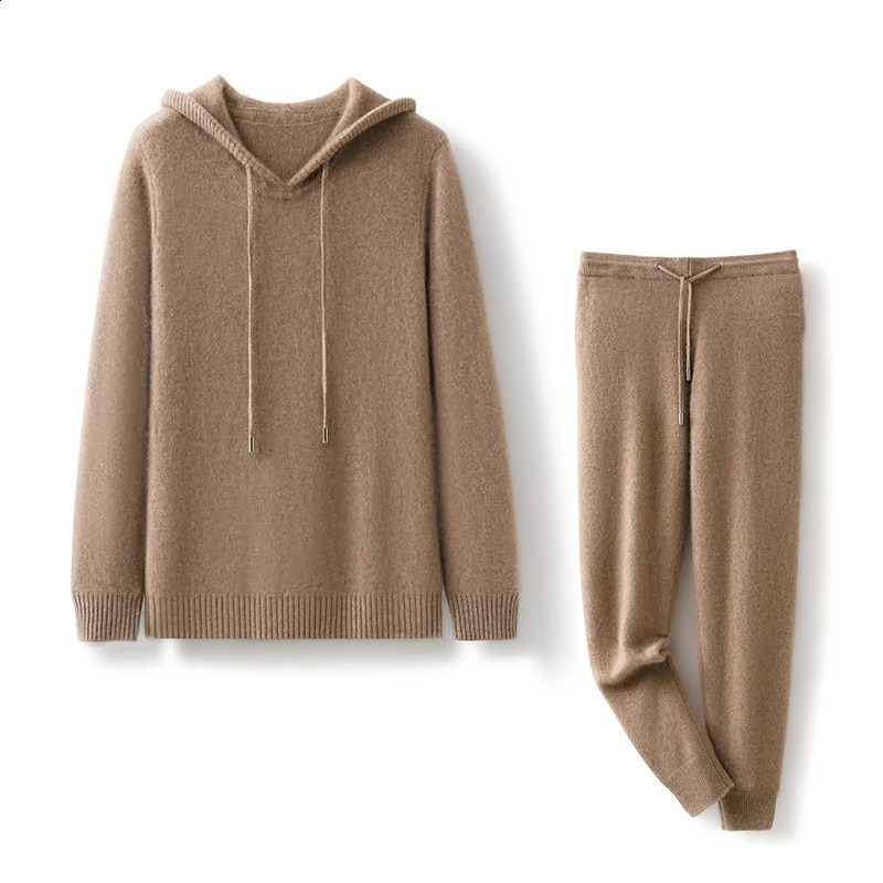 100% pure cashmere high-end knitted long sleeved pullover hooded sweater casual mens pants cashmere set styl 240823
