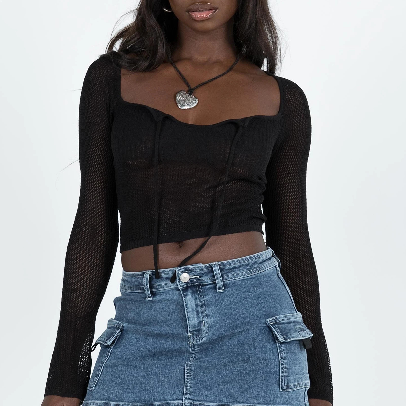 Fashionable womens knitted crop top fashionable long sleeved tie front solid color T-shirt crochet top casual streetwear 240822