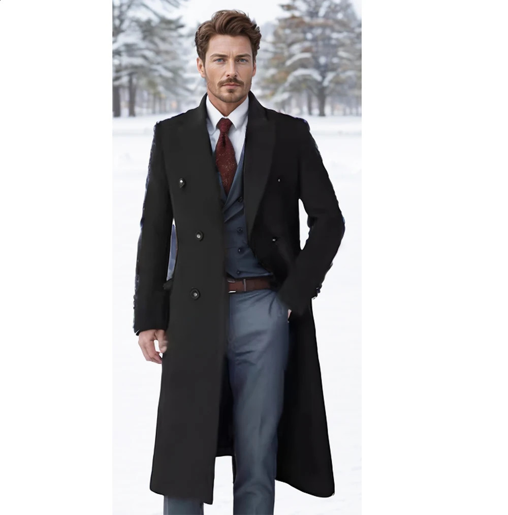 Mens casual autumn and winter long woolen coat clothes doublebreasted button plus cotton 240823