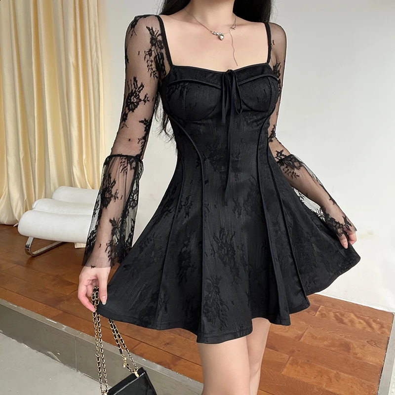 Femmes sexy étincelante à manches longues mini-robe élégante décolleté carré en dentelle plissée de robe A-Line Club JY23518pf 240823
