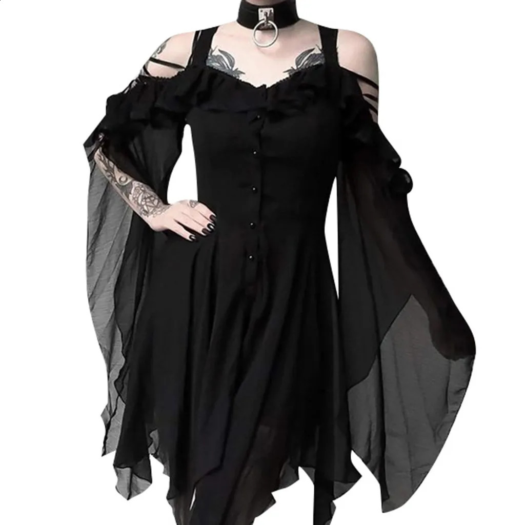 Gothic Lolita Bandage Black Dress Womens Retro Sexy Chiffon Irregular Dress Fashion Elegant High Waist Party Dress Vestitos 240823