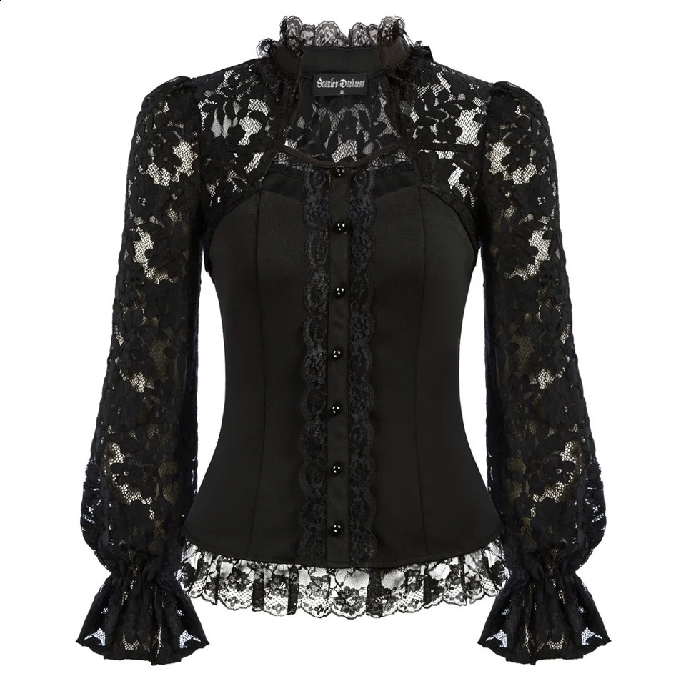 Womens retro shirt lace patch work top long sleeved ruffled stand up collar shirt womens floral top autumn spring 240823
