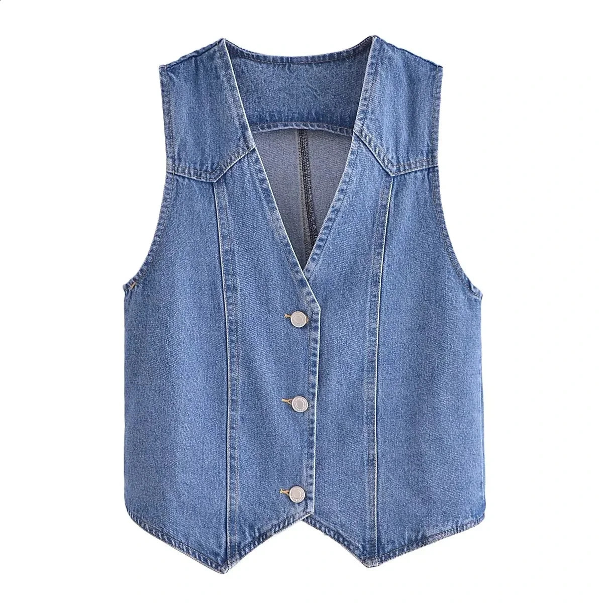 Summer Women Fashion Front Button Denim Waistcoat Vintage V Neck Sleeveless Female Outerwear Chic Tops 240822