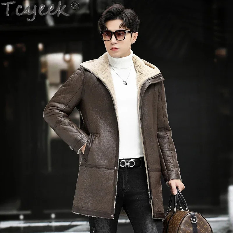 Tcyeek Natural Sheepskin Fur Jacket Mid-length Hooded Wool Coats Thickened Real Fur Mens Coat Winter Genuine Leather Jacket Men 240822
