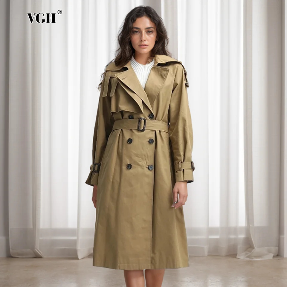 VGH Casual Patchwork Belt Loose Trench For Women Lapel Long Sleeve Spliced Button Minimalist Solid Coats Female Fashion Style 240822