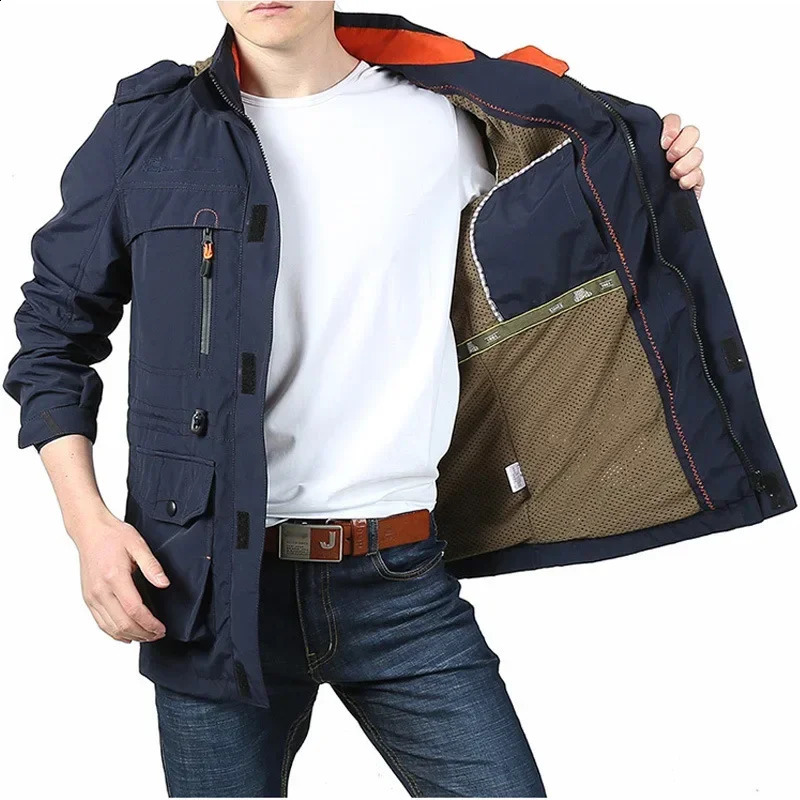 2024 Autumn Mens Workwear Hooded Jacket Thick Plush Outdoor Windproof Coat Multiple Pockets Waterproof Windbreaker M4XL 240823