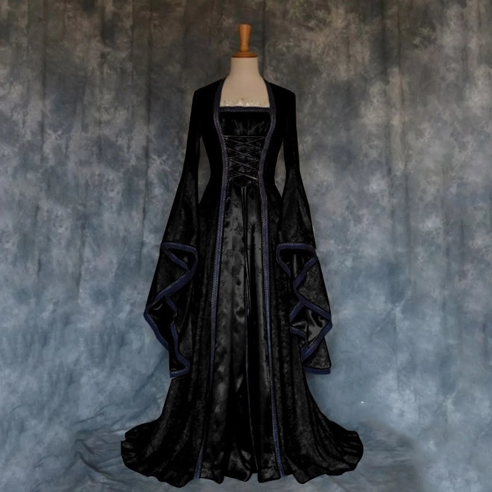 Gothic Victorian medieval retro costume Halloween role-playing square collar long bat sleeves patchwork lace long skirt 240823