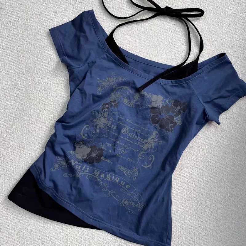 Retro Millennium Blue false Two Piece Halter Neck Letter Print T-Shirt Women Fashion Street Girl Slim Fit Casual Y2K Top 240822