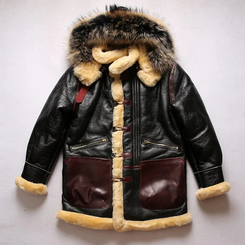Hiver Mens Top moutons Shearling Veste de peau de mouton USAF B7 Flight Flight Mettied Fur Coat Vintage chaud Mid-Longue Top 240822