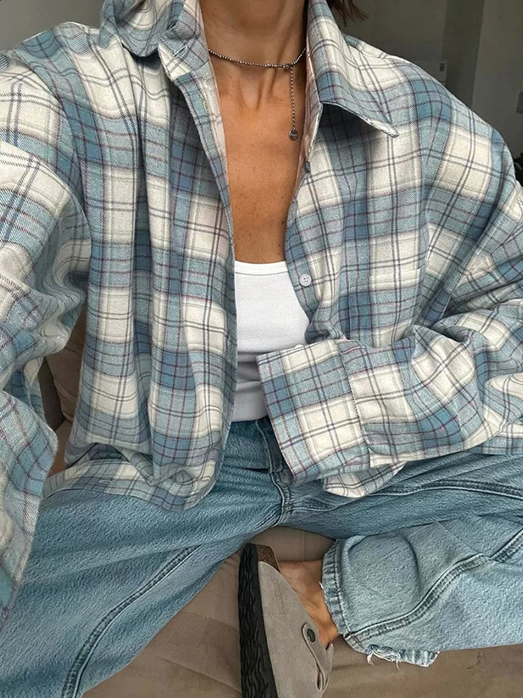 Mumaroho 2024 Womens Autumn Winter Long sleeved Blue Checkered Shirt Retro Large Loose Womens Clothing 240822