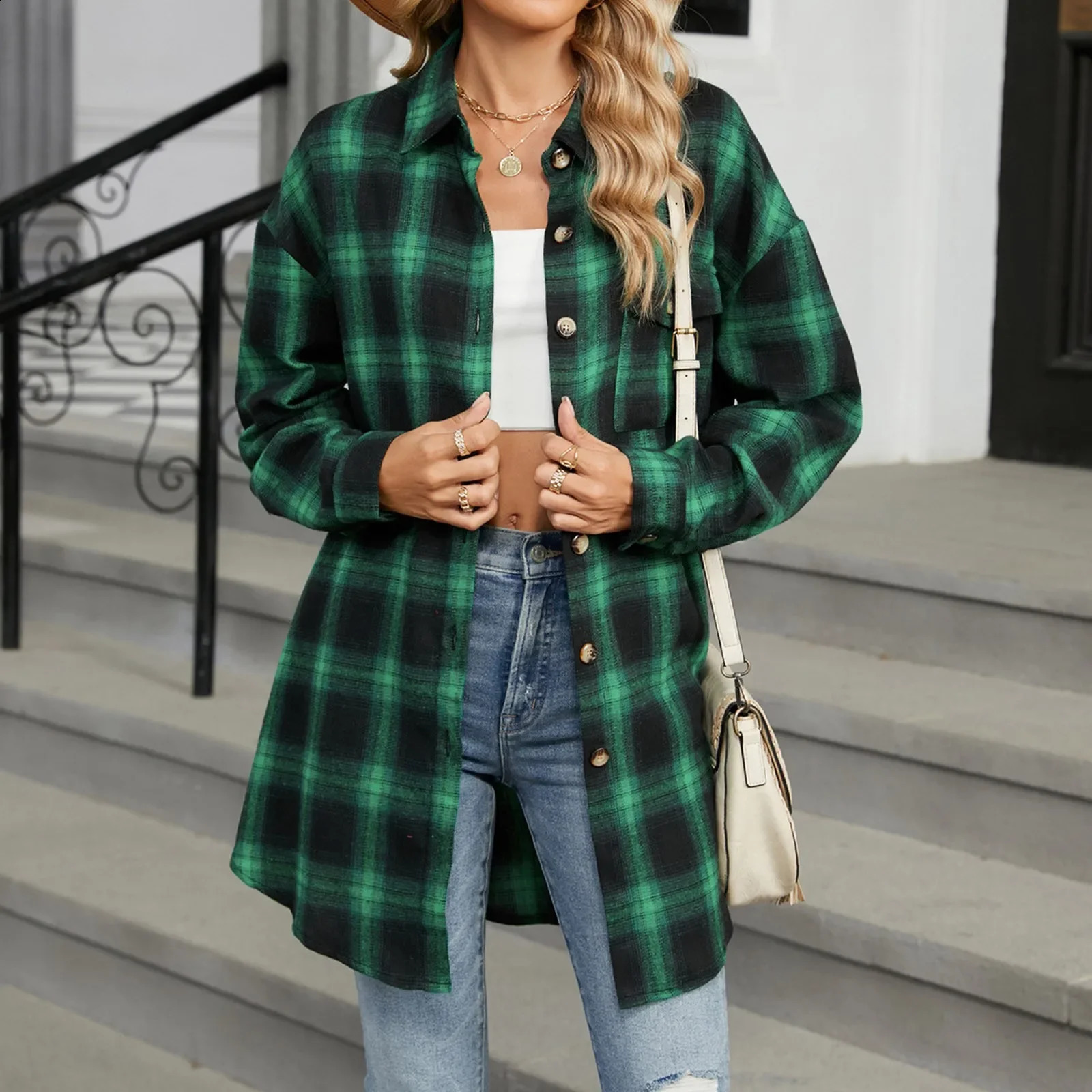 Womens casual retro plain flannel jacket oversized buttons long sleeved autumn shirt with collar womens fashionable cardigan 240822
