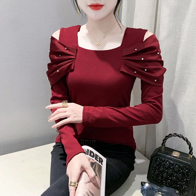 #9018 Off Shoulder T Shirt Women Square Collar Sexy Skinny T-shirt Female Long Sleeve Split Joint Vintage Short Tee Shirt Femme 240823