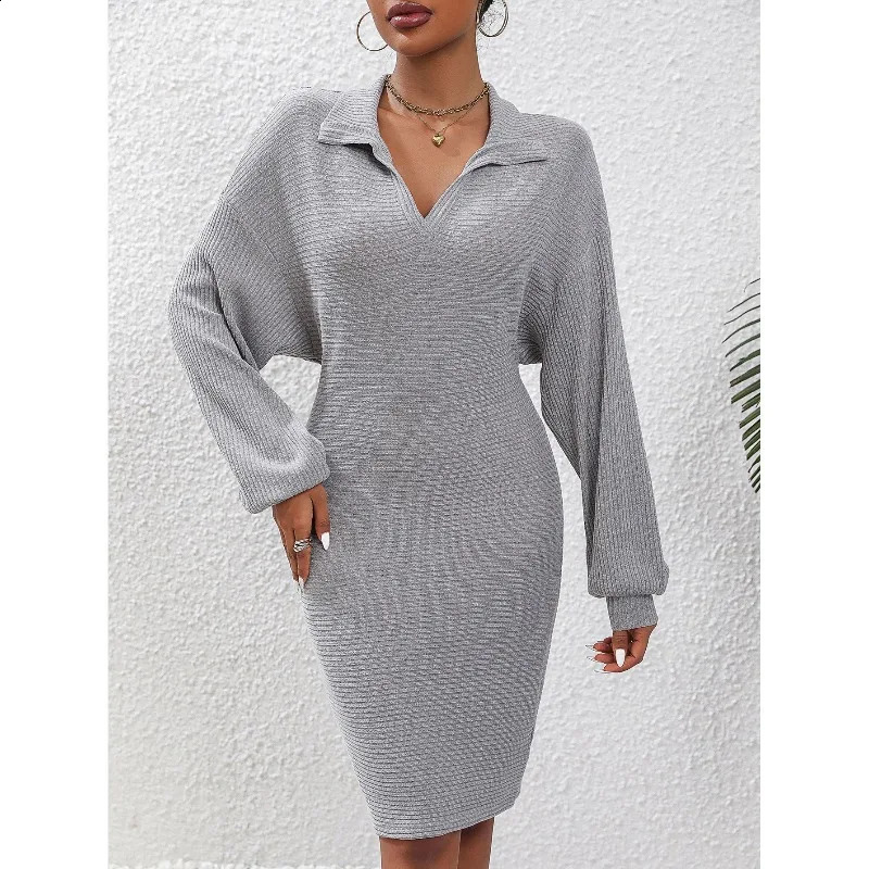 Spring and Autumn Womens Pullover V-neck Long Sleeve Solid Shirring Patchwork Elastic Slimsexy Fashion Casual Dresses 240822
