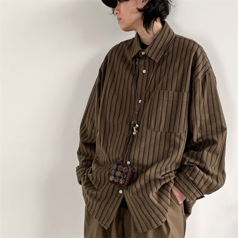 Spring Japanese Retro Brown Striped Shirts for Men and Women Loose Long-sleeved Pocket Button Casual Men Shirt Jackets 240822